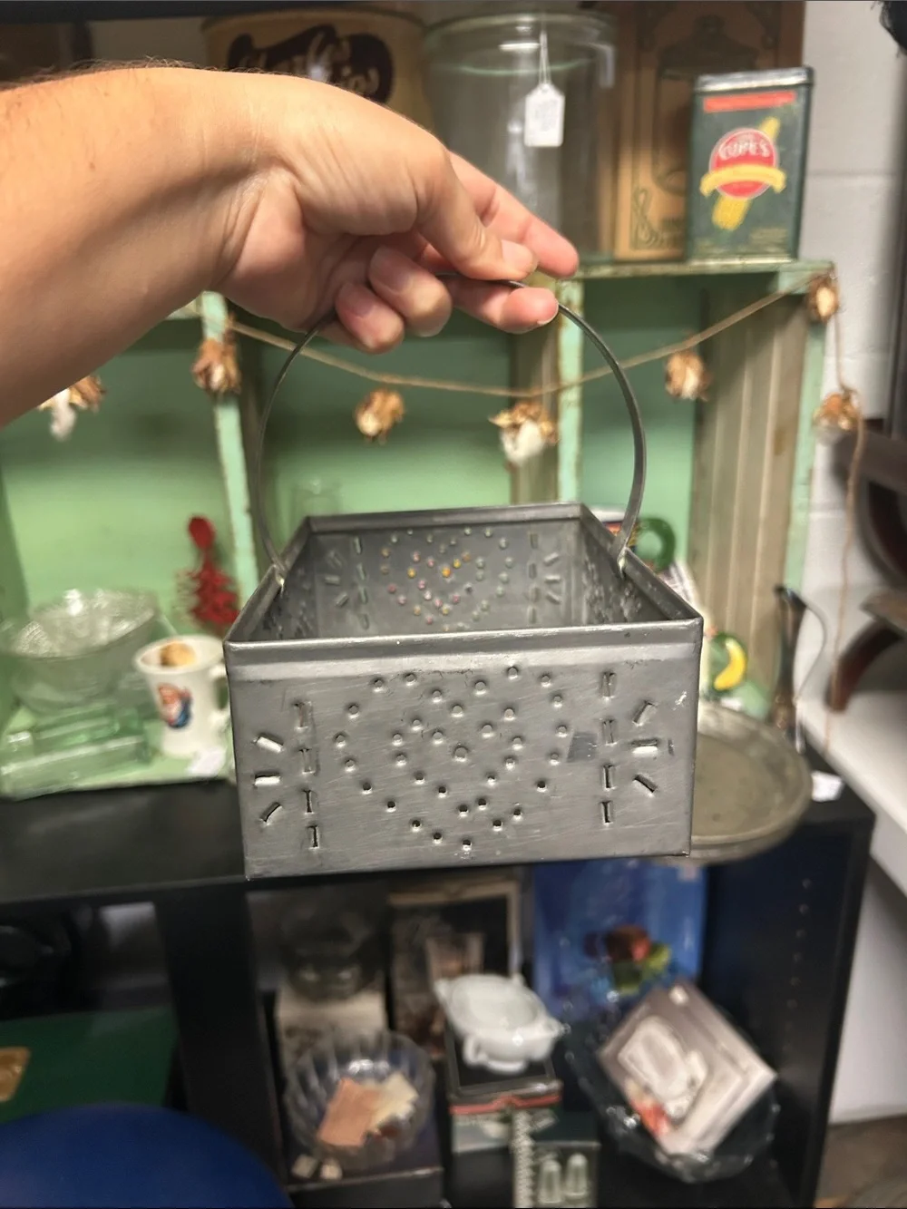 Vintage Gray Metal Perforated Heart Decorative Basket with Handle